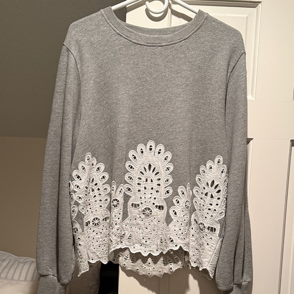 Sea New York Gray Sweatshirt with White Lace Trim